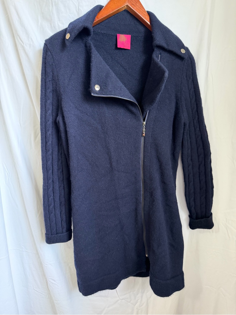 Navy Zip-Front Long Knit Cardigan